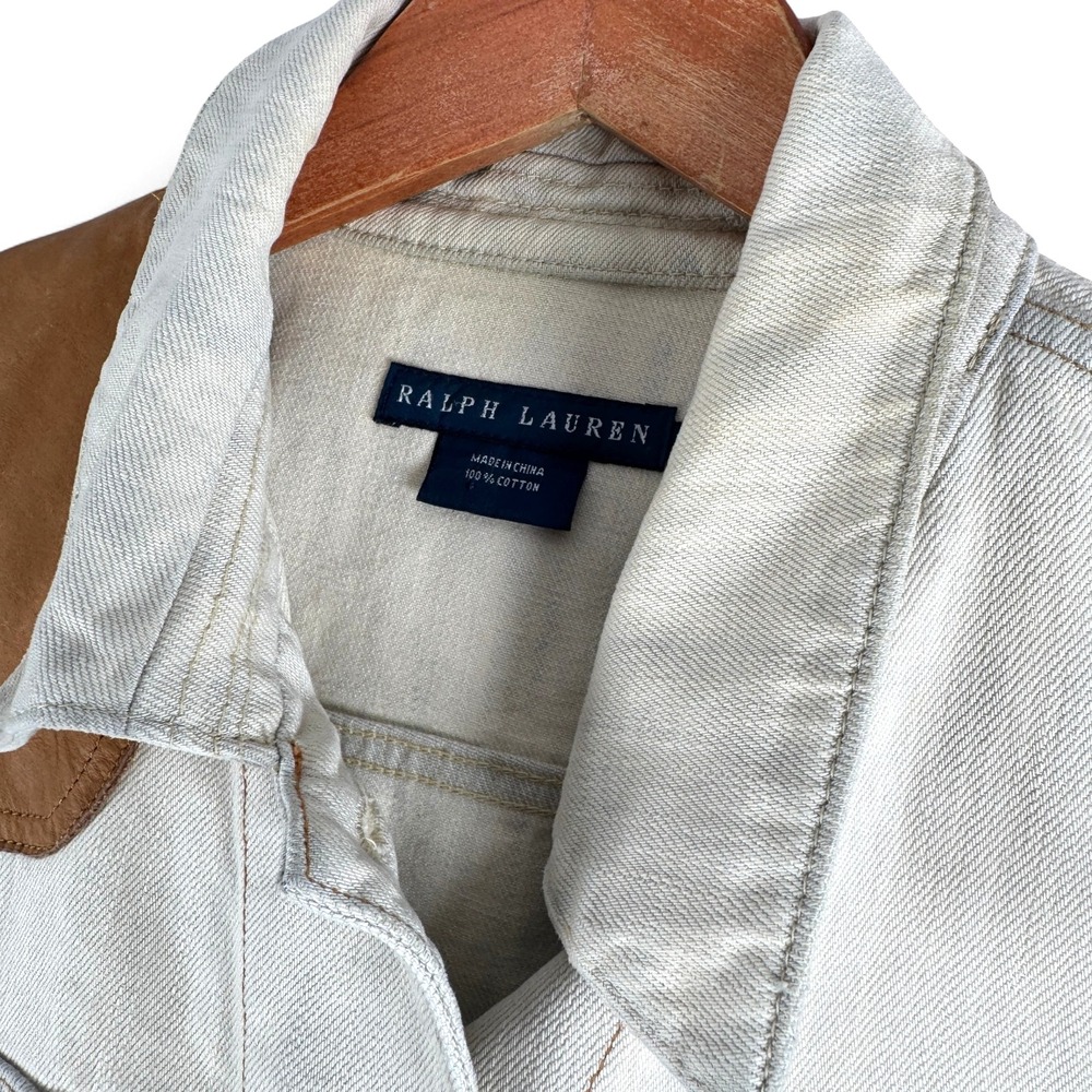 Vintage Ralph Lauren Cream Denim Jean Jacket with Brown Shoulder Patch - Picture 2 of 3